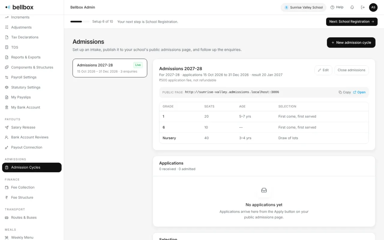Admin admissions: cycles, the public page address, applications and selection