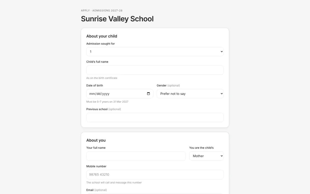 A school’s public admissions form: the child’s details, then the parent’s
