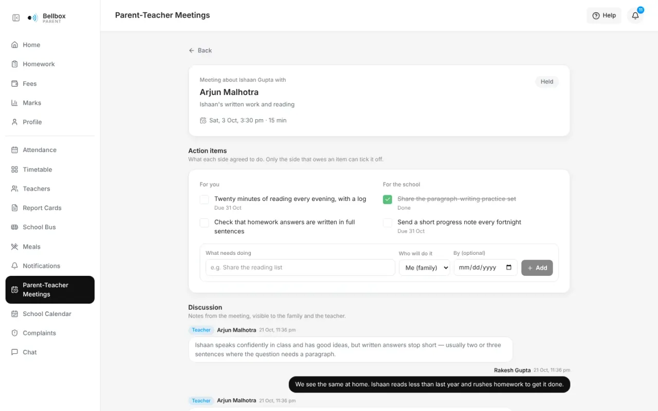 A parent-teacher meeting record: action items for each side and the discussion