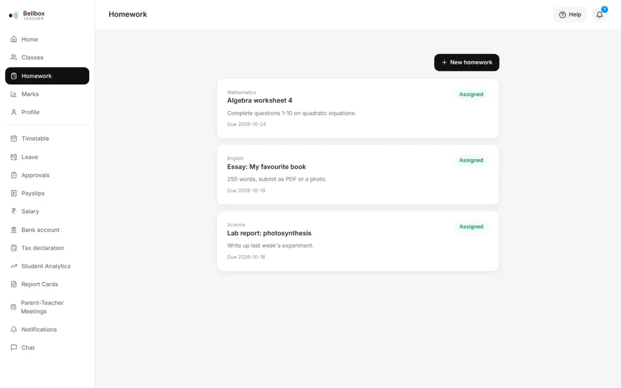Teacher homework list with a New homework button