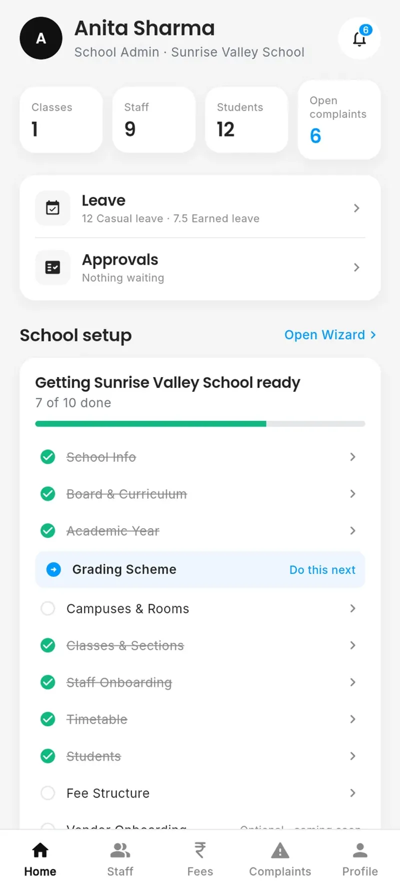 Admin app home on a phone