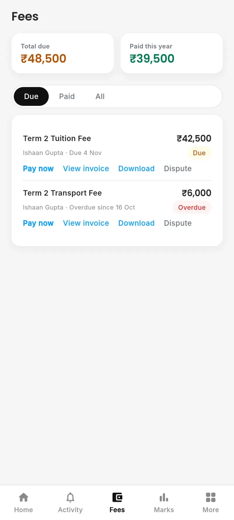 Parent app fees on a phone