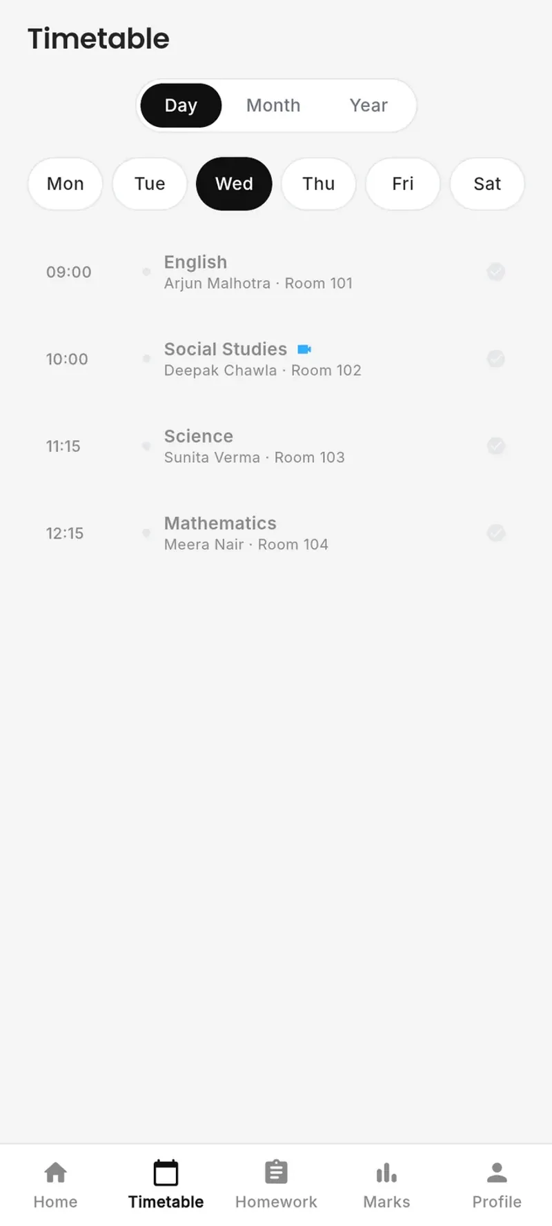 Student app timetable on a phone